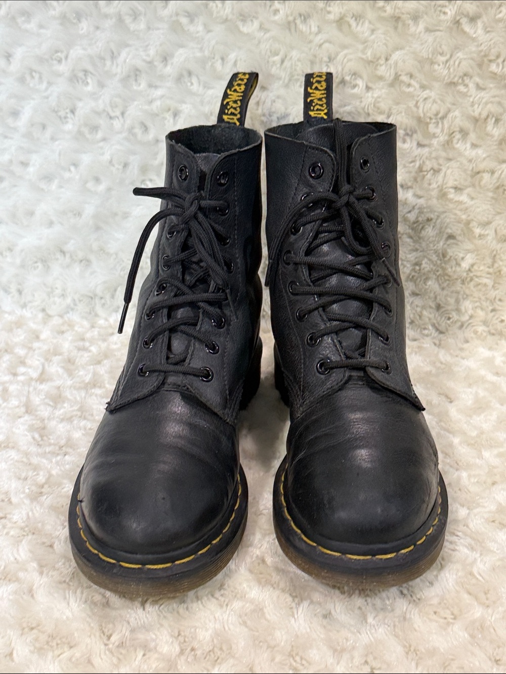 Dr. Martens Pascal Black Leather Lace-Up Combat Boots, size 8 women’s